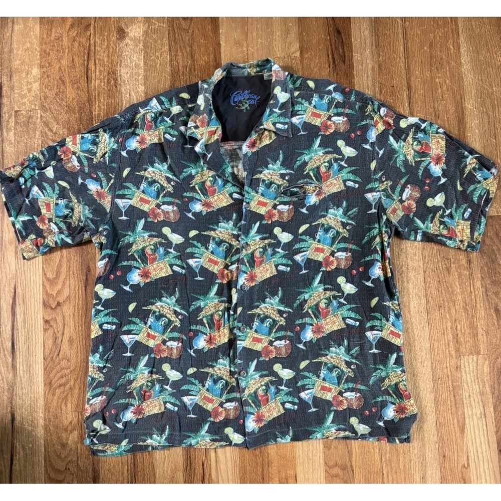VTG  Caribbean Soul Hawaiian Button Up. Parrots Tiki Hut Palm Trees XL See Photo